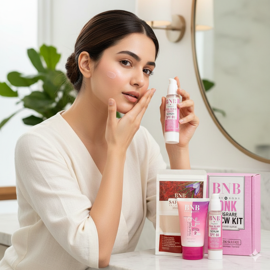 3pc Bnb Pink Glow Kit ( Toneup Facewash + Saffron Mask + Pink Glow Sunscreen)