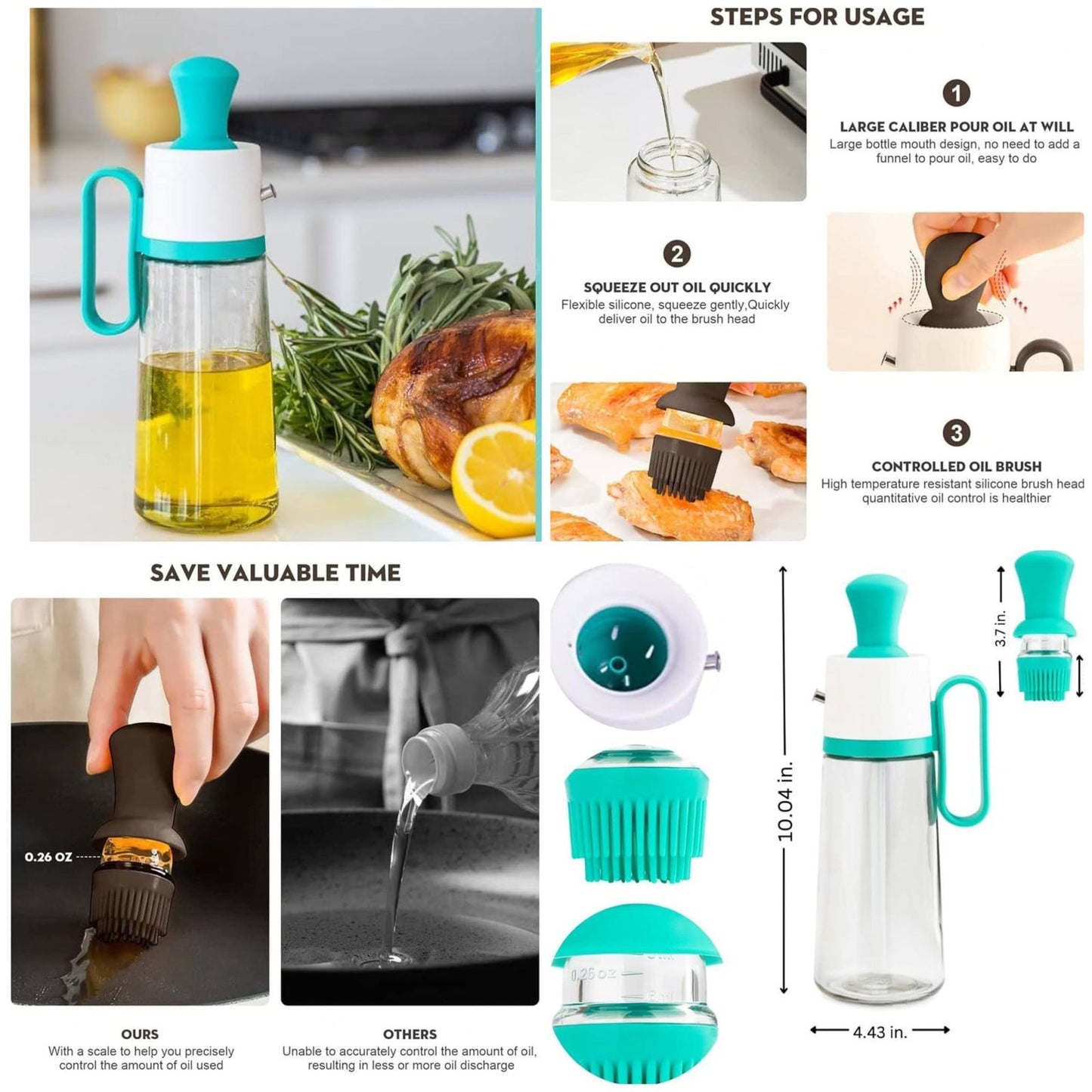3 in 1 Oil Dispenser Bottle for Kitchen with Brush Glass Spray Bottle 550ml