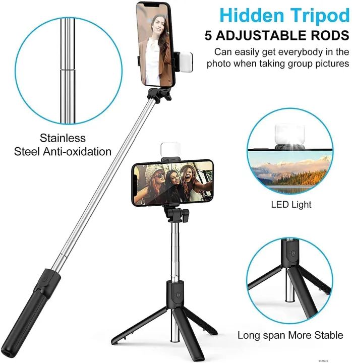 4 in 1 Wireless Selfie With Fill Light Stick Tripod Bluetooth Shutter selfie Light foldable Selfie stick for all Phone Extendable With charging Cable Detachable Bluetooth Shutter