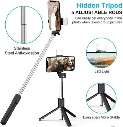 4 in 1 Wireless Selfie With Fill Light Stick Tripod Bluetooth Shutter selfie Light foldable Selfie stick for all Phone Extendable With charging Cable Detachable Bluetooth Shutter