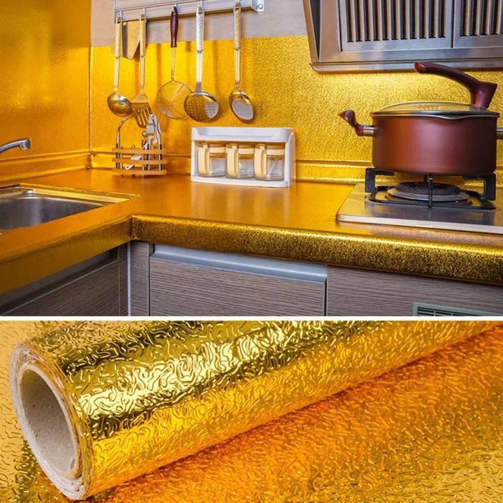 Golden Foil Aluminum Sticker For Kitchen Cabinet Wallpaper Oil Proof Waterproof wall protector with heat resistant Stove Cabinet Stickers kitchen backsplash wall tile sticker aluminium sheet Wallpaper Foil sheet Golden