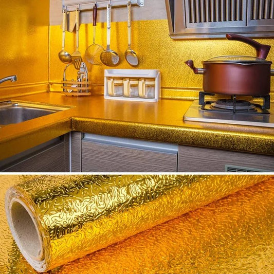 Golden Foil Aluminum Sticker For Kitchen Cabinet Wallpaper Oil Proof Waterproof wall protector with heat resistant Stove Cabinet Stickers kitchen backsplash wall tile sticker aluminium sheet Wallpaper Foil sheet Golden