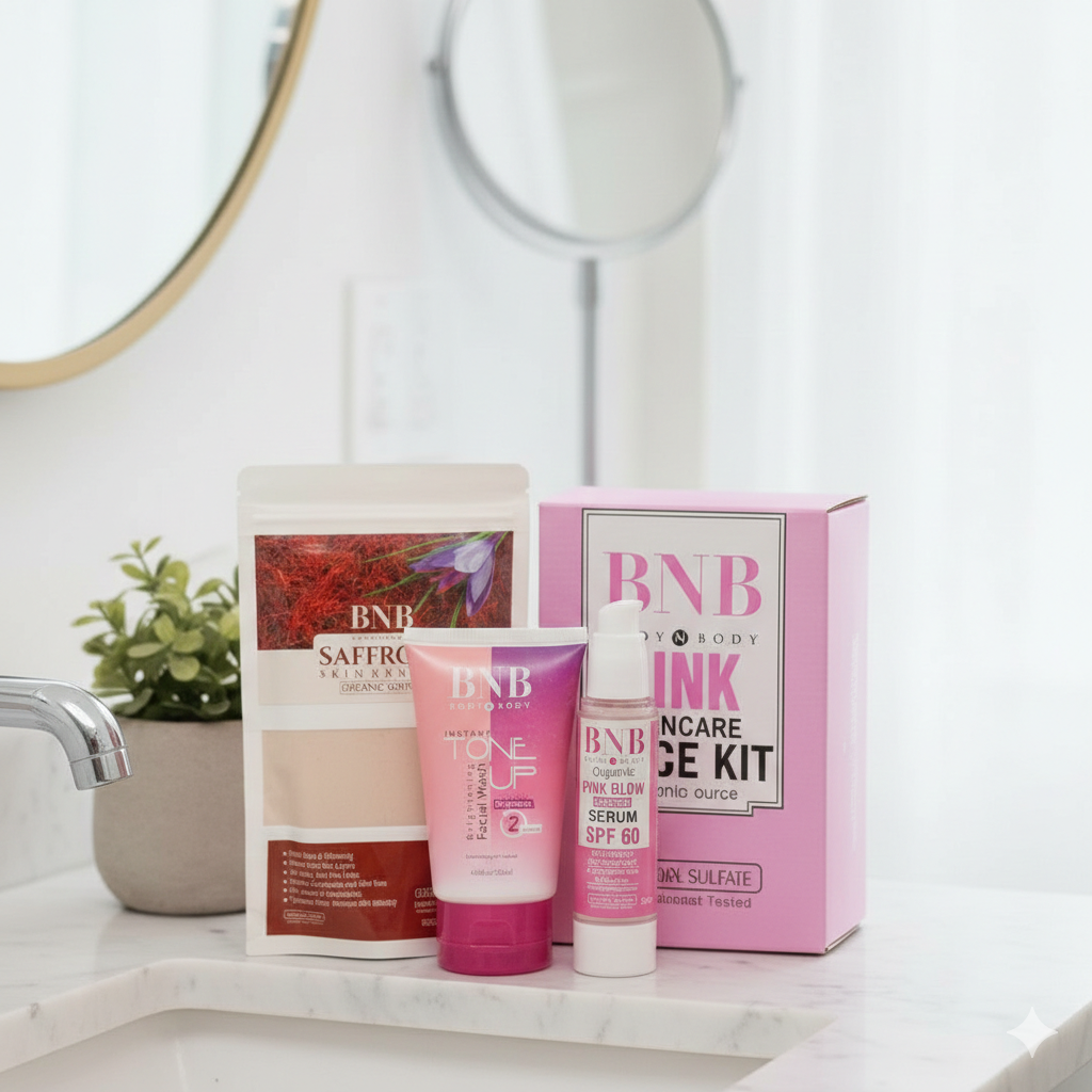 3pc Bnb Pink Glow Kit ( Toneup Facewash + Saffron Mask + Pink Glow Sunscreen)