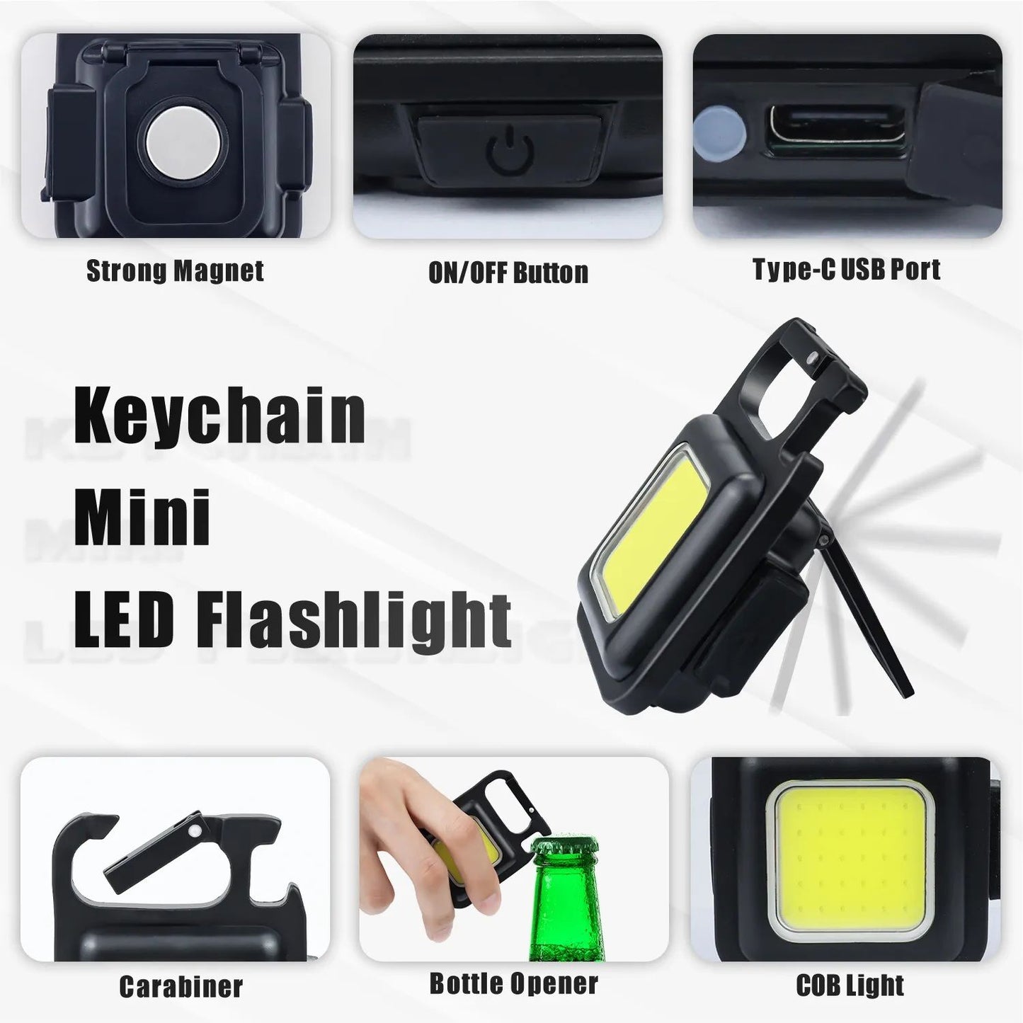 Pocket Flashlight Mini Keychains Work Light New Portable USB LED Rechargeable Outdoor Camping Corkscrew